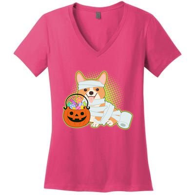 Cute Halloween Mummy Welsh Corgi And Pumpkin Candy Women's V-Neck T-Shirt