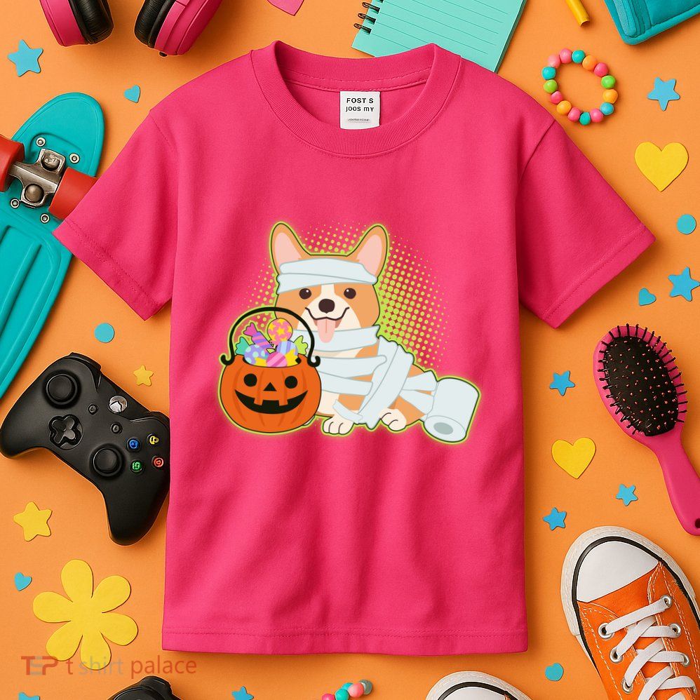 Cute Halloween Mummy Welsh Corgi And Pumpkin Candy Kids T-Shirt