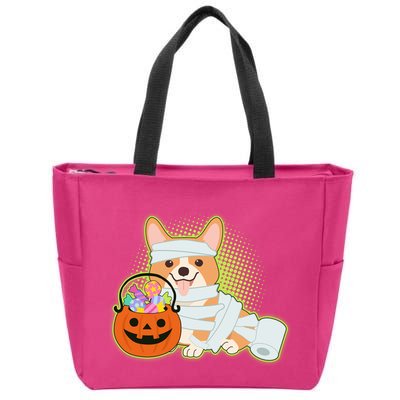 Cute Halloween Mummy Welsh Corgi And Pumpkin Candy Zip Tote Bag