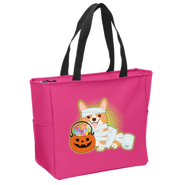 Cute Halloween Mummy Welsh Corgi And Pumpkin Candy Zip Tote Bag