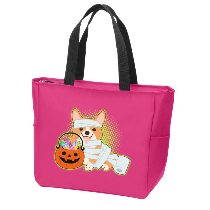 Cute Halloween Mummy Welsh Corgi And Pumpkin Candy Zip Tote Bag