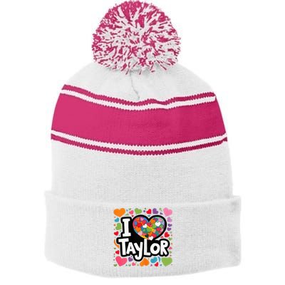 Colorful Heart My Name Is Taylor First Name Stripe Pom Pom Beanie