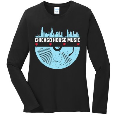 Chicago House Music Vinyl Dj Vintage Ladies Long Sleeve Shirt