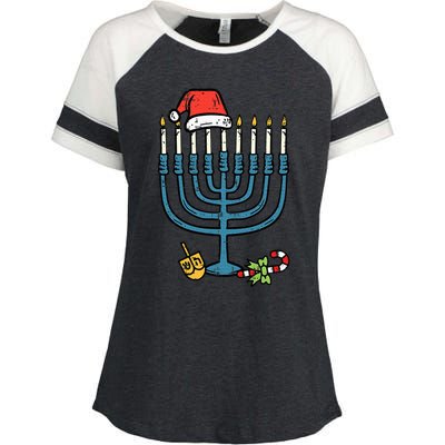 Christmas Hat Menorah Jew Hanukkah Chanukah Enza Ladies Jersey Colorblock Tee