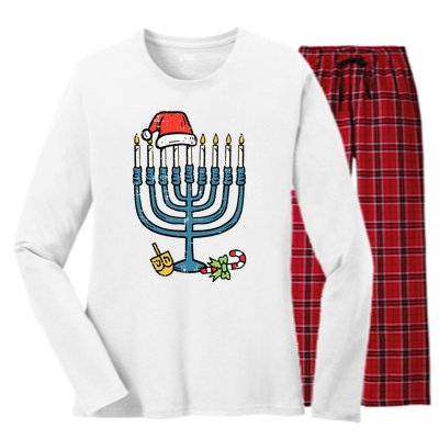 Christmas Hat Menorah Jew Hanukkah Chanukah Women's Long Sleeve Flannel Pajama Set 