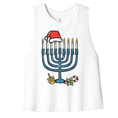 Christmas Hat Menorah Jew Hanukkah Chanukah Women's Racerback Cropped Tank