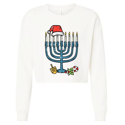 Christmas Hat Menorah Jew Hanukkah Chanukah Cropped Pullover Crew