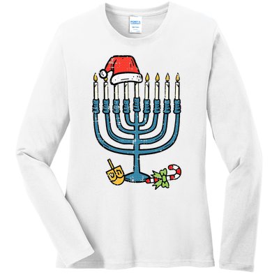 Christmas Hat Menorah Jew Hanukkah Chanukah Ladies Long Sleeve Shirt