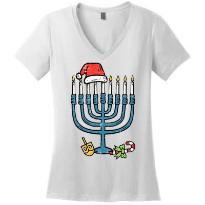 Christmas Hat Menorah Jew Hanukkah Chanukah Women's V-Neck T-Shirt