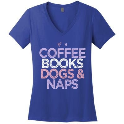 Colored Hearts Mom Funny Coffee Books Dogs And Naps Cool Gift Women's V-Neck T-Shirt