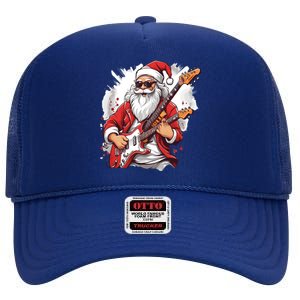 Christmas Heavy Metal Rock And Roll Electric Guitar Xmas Santa Gift High Crown Mesh Back Trucker Hat