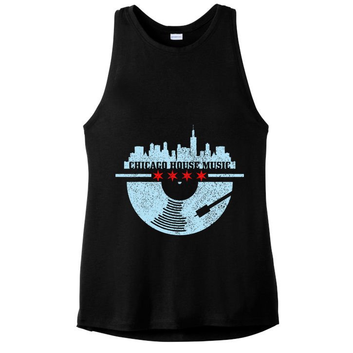 Chicago House Music Vintage Vinyl Dj Raver Flag Skyline Gift Ladies PosiCharge Tri-Blend Wicking Tank