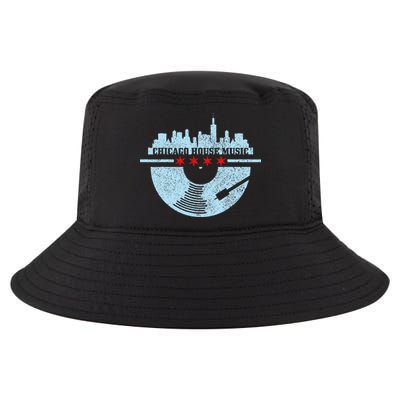 Chicago House Music Vintage Vinyl Dj Raver Flag Skyline Gift Cool Comfort Performance Bucket Hat