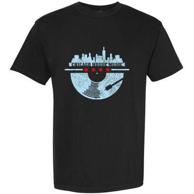 Chicago House Music Vintage Vinyl Dj Raver Flag Skyline Gift Garment-Dyed Heavyweight T-Shirt