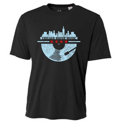 Chicago House Music Vintage Vinyl Dj Raver Flag Skyline Gift Cooling Performance Crew T-Shirt