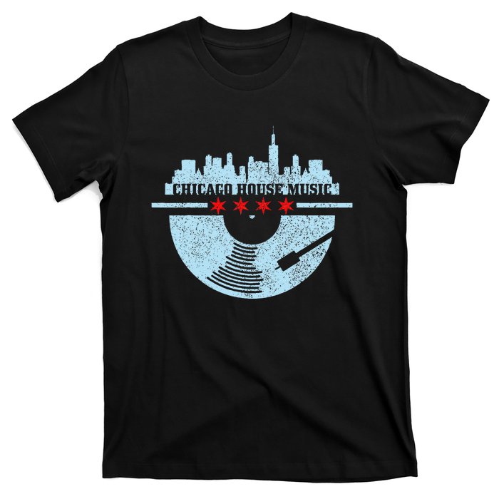 Chicago House Music Vintage Vinyl Dj Raver Flag Skyline Gift T-Shirt