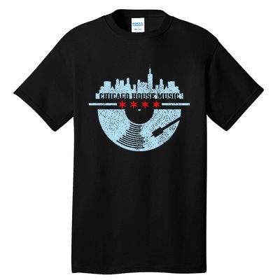 Chicago House Music Vintage Vinyl Dj Raver Flag Skyline Gift Tall T-Shirt