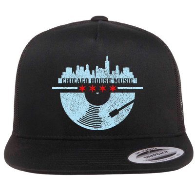 Chicago House Music Vintage Vinyl Dj Raver Flag Skyline Gift Flatbill Hat
