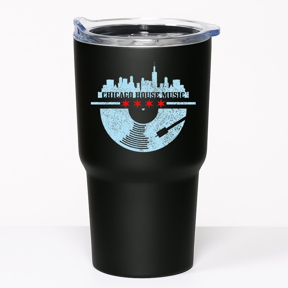 Chicago House Music Vintage Vinyl Dj Raver Flag Skyline Gift Tumbler