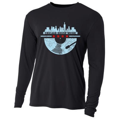 Chicago House Music Vintage Vinyl Dj Raver Flag Skyline Gift Cooling Performance Long Sleeve Crew