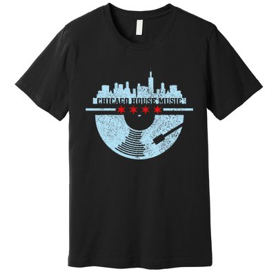 Chicago House Music Vintage Vinyl Dj Raver Flag Skyline Gift Premium T-Shirt