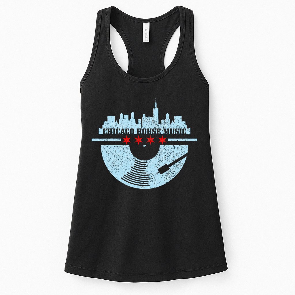 Chicago House Music Vintage Vinyl Dj Raver Flag Skyline Gift Womens Tank Top