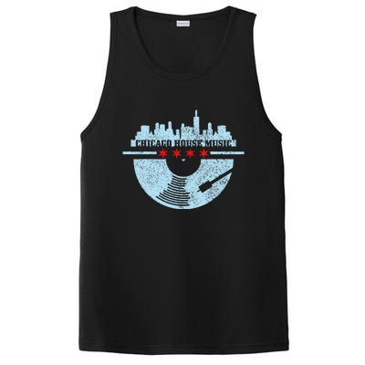 Chicago House Music Vintage Vinyl Dj Raver Flag Skyline Gift PosiCharge Competitor Tank