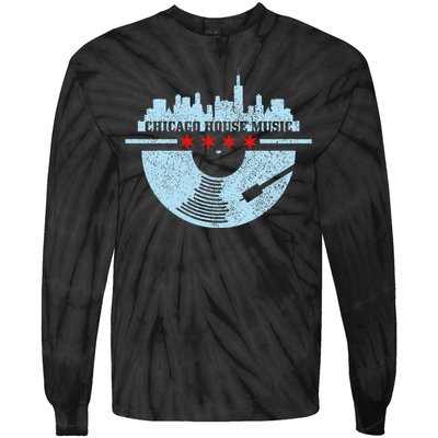 Chicago House Music Vintage Vinyl Dj Raver Flag Skyline Gift Tie-Dye Long Sleeve Shirt