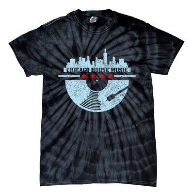 Chicago House Music Vintage Vinyl Dj Raver Flag Skyline Gift Tie-Dye T-Shirt