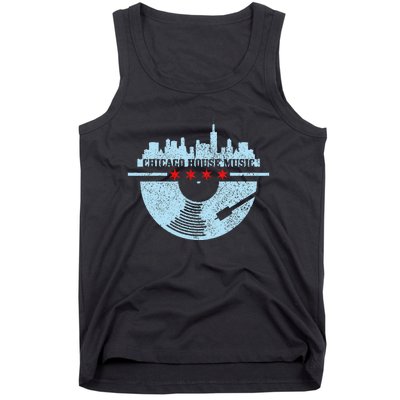 Chicago House Music Vintage Vinyl Dj Raver Flag Skyline Gift Tank Top