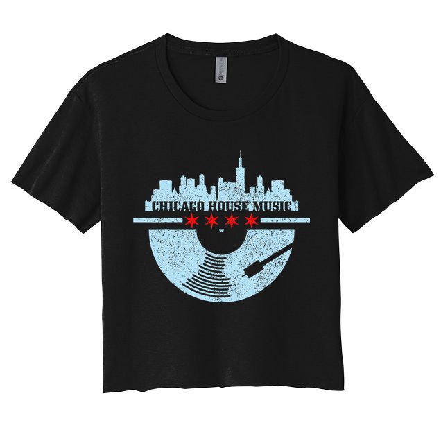 Chicago House Music Vintage Vinyl Dj Raver Flag Skyline Gift Crop Top
