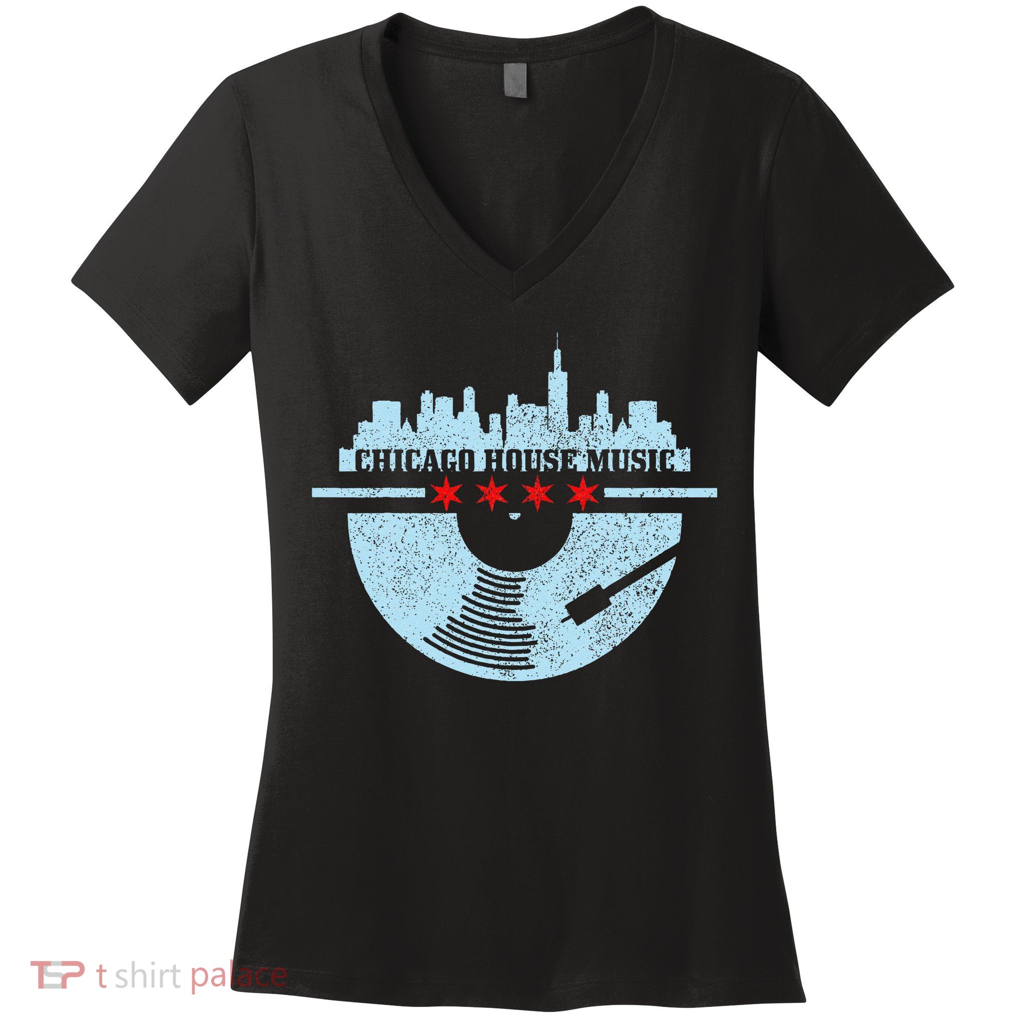 Chicago House Music Vintage Vinyl Dj Raver Flag Skyline Gift Women's V-Neck T-Shirt