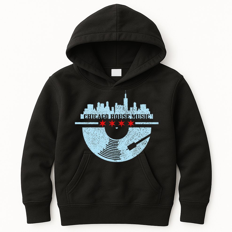 Chicago House Music Vintage Vinyl Dj Raver Flag Skyline Gift Kids Hoodie