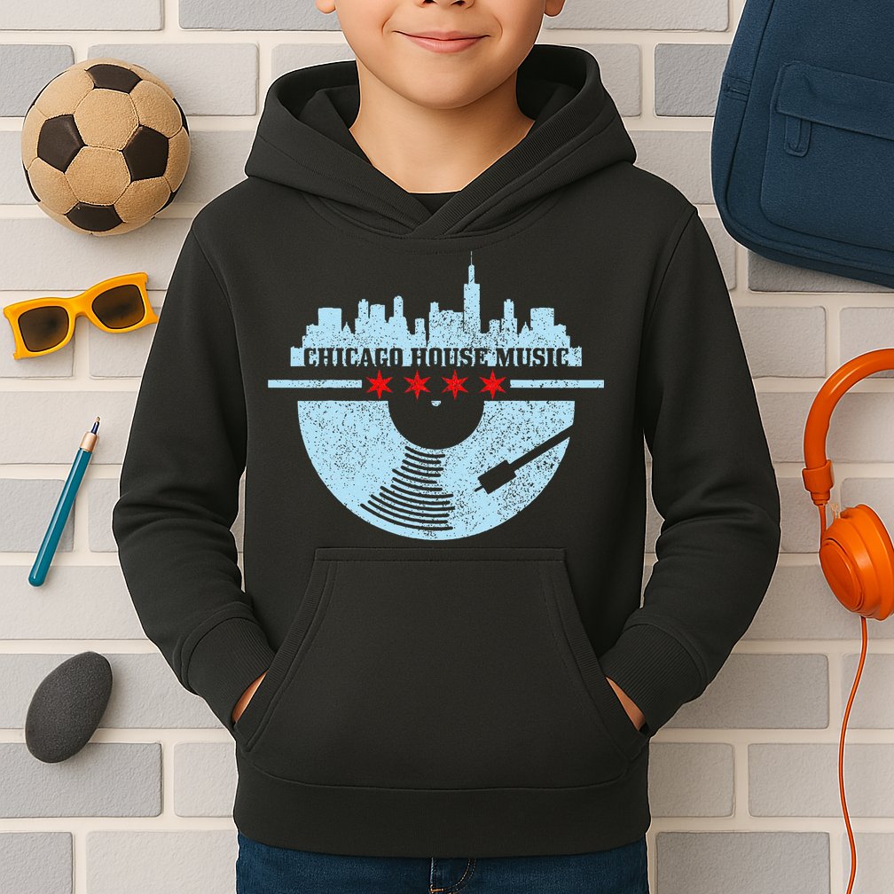 Chicago House Music Vintage Vinyl Dj Raver Flag Skyline Gift Kids Hoodie