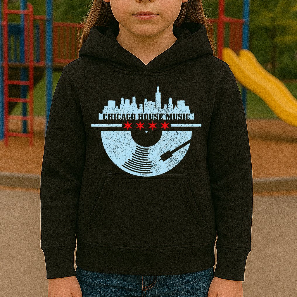 Chicago House Music Vintage Vinyl Dj Raver Flag Skyline Gift Kids Hoodie