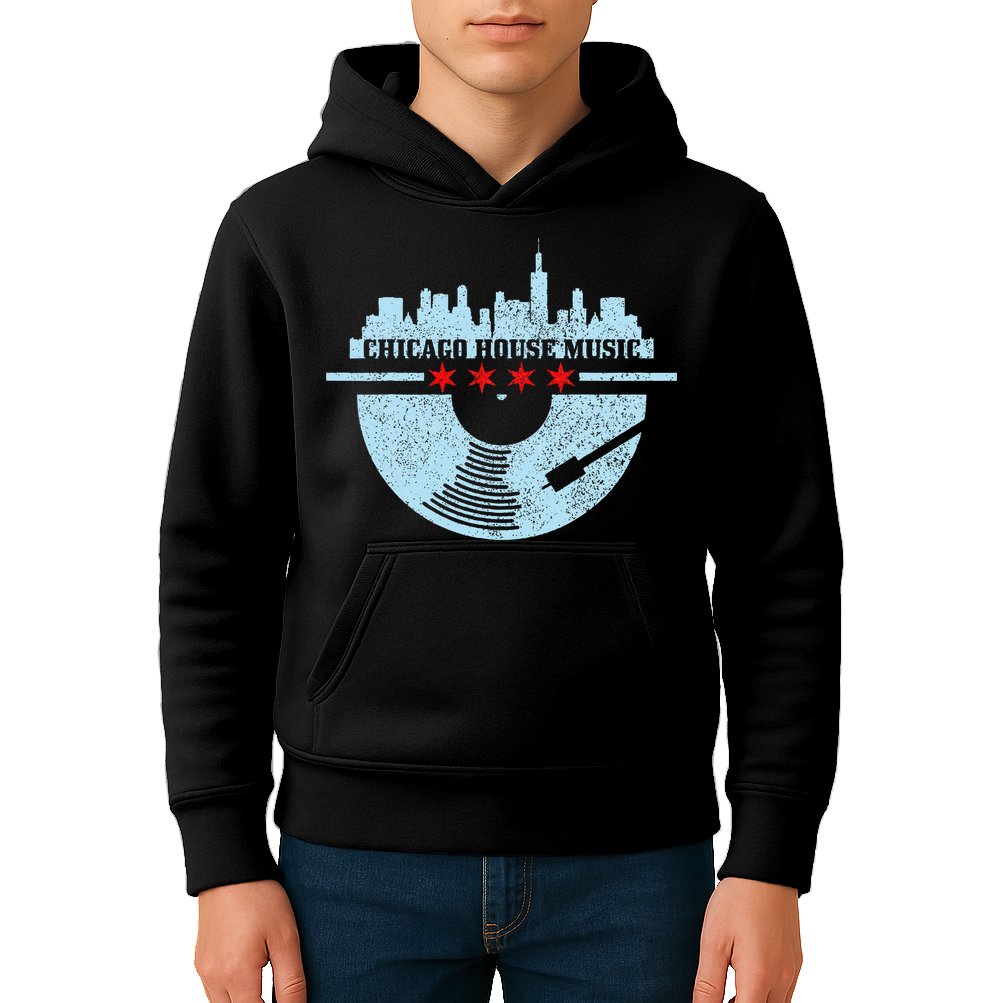 Chicago House Music Vintage Vinyl Dj Raver Flag Skyline Gift Kids Hoodie