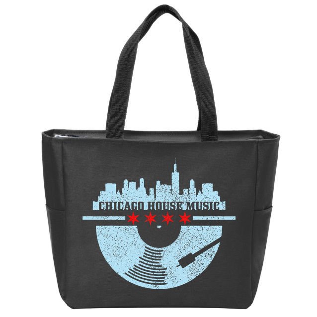 Chicago House Music Vintage Vinyl Dj Raver Flag Skyline Gift Zip Tote Bag