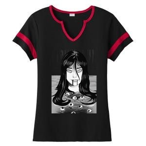 Creepy Horror Manga Anime Woman Eyes Bathtub Halloween Art Ladies Halftime Notch Neck Tee