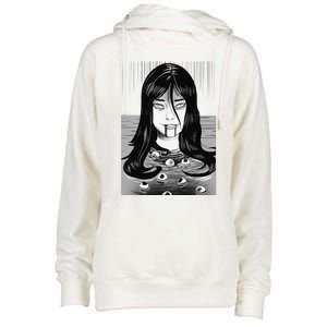 Creepy Horror Manga Anime Woman Eyes Bathtub Halloween Art Womens Funnel Neck Pullover Hood