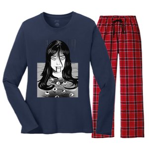 Creepy Horror Manga Anime Woman Eyes Bathtub Halloween Art Women's Long Sleeve Flannel Pajama Set 