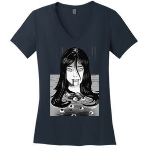 Creepy Horror Manga Anime Woman Eyes Bathtub Halloween Art Women's V-Neck T-Shirt