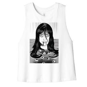 Creepy Horror Manga Anime Woman Eyes Bathtub Halloween Art Women's Racerback Cropped Tank