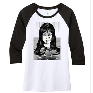 Creepy Horror Manga Anime Woman Eyes Bathtub Halloween Art Women's Tri-Blend 3/4-Sleeve Raglan Shirt