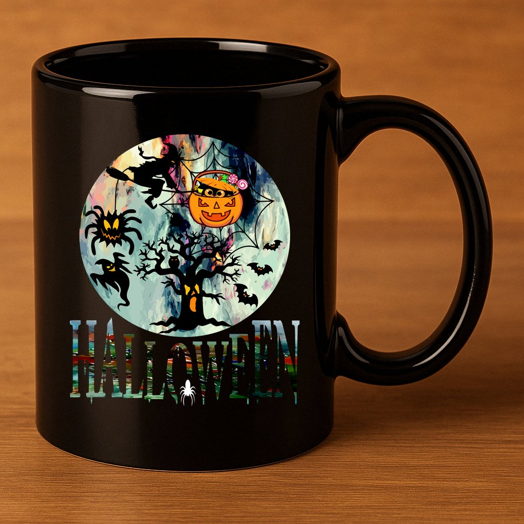 Creepy Halloween Moon Spider Pumpkin Witch Ghost 11oz C Handle Ceramic Mug