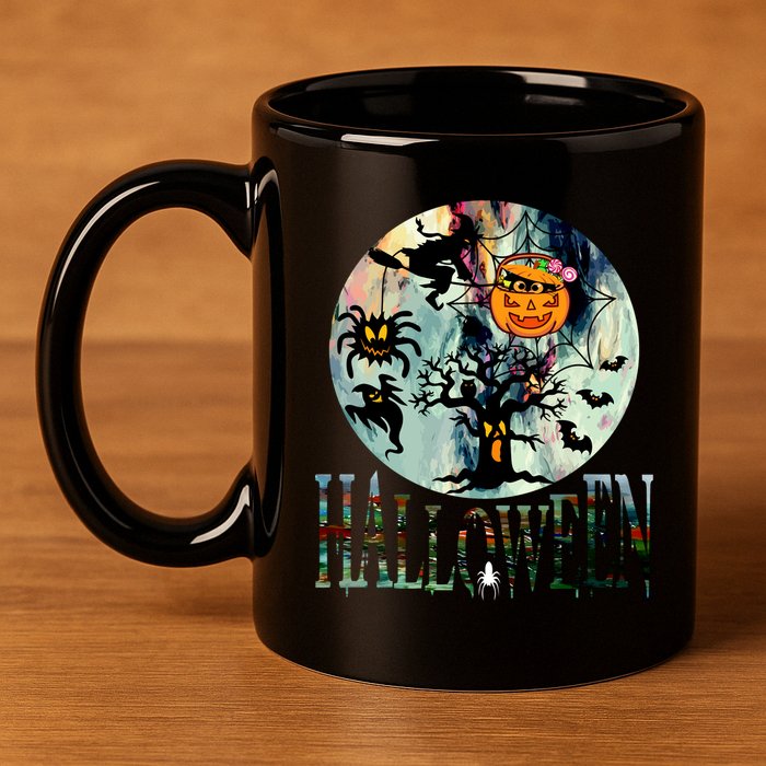 Creepy Halloween Moon Spider Pumpkin Witch Ghost 11oz C Handle Ceramic Mug