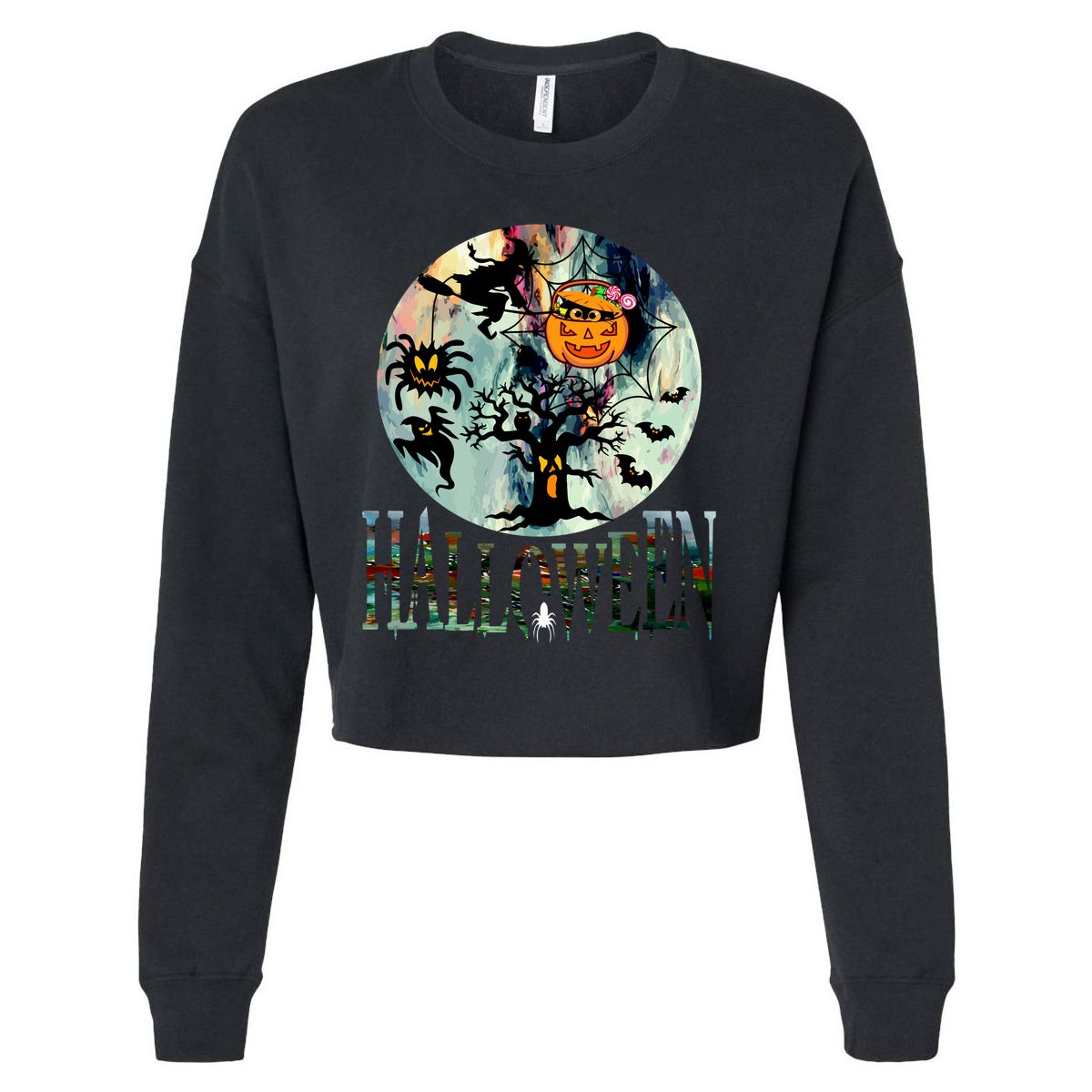 Creepy Halloween Moon Spider Pumpkin Witch Ghost Cropped Pullover Crew