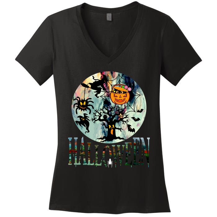 Creepy Halloween Moon Spider Pumpkin Witch Ghost Women's V-Neck T-Shirt