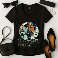 Creepy Halloween Moon Spider Pumpkin Witch Ghost Women's V-Neck T-Shirt