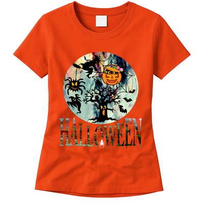 Creepy Halloween Moon Spider Pumpkin Witch Ghost Womens T-Shirt