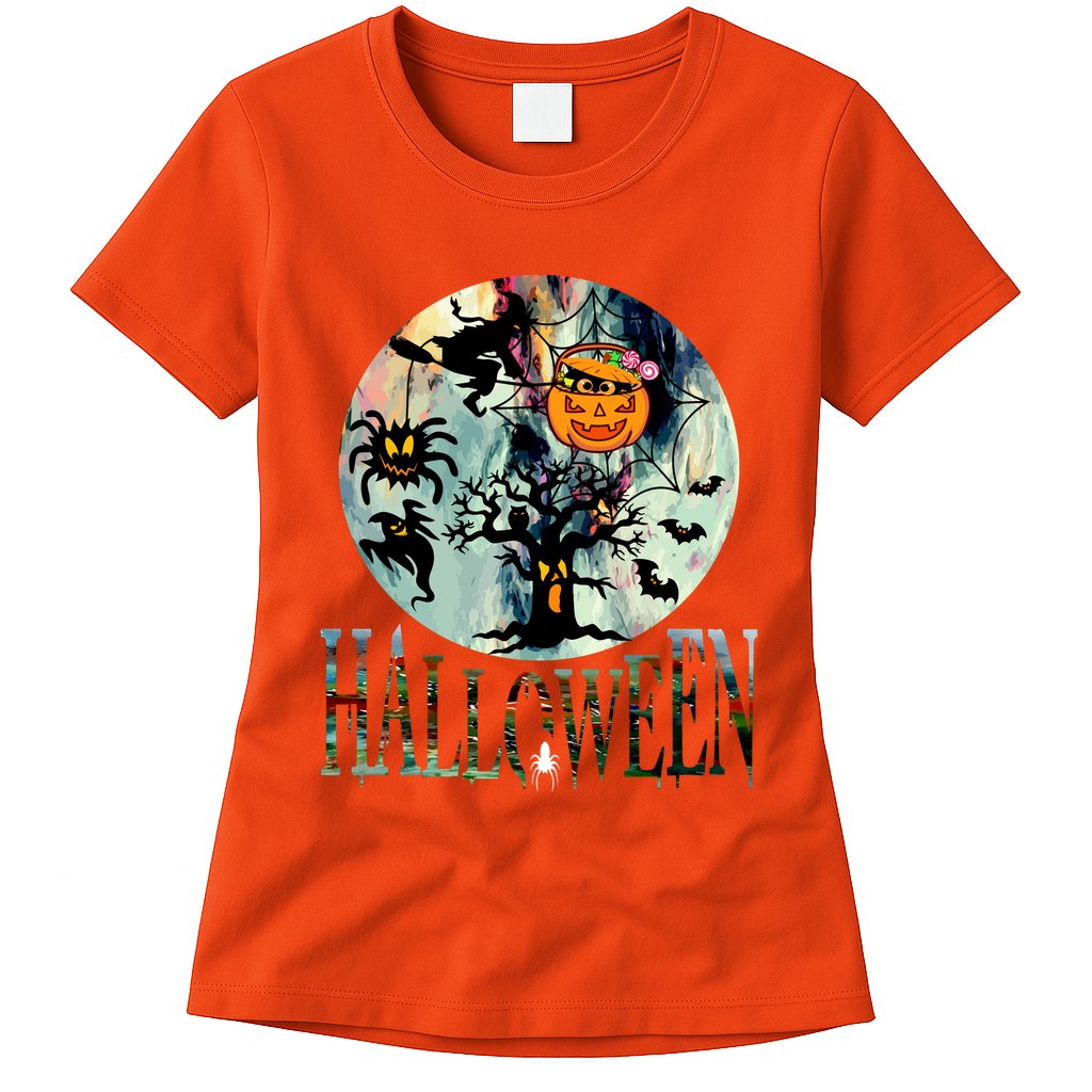 Creepy Halloween Moon Spider Pumpkin Witch Ghost Womens T-Shirt